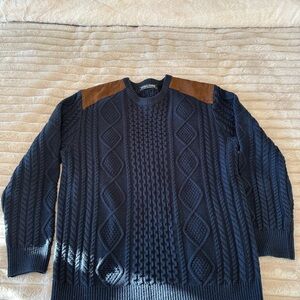 Men's Navy Cable Knit Sweater with Brown Accents